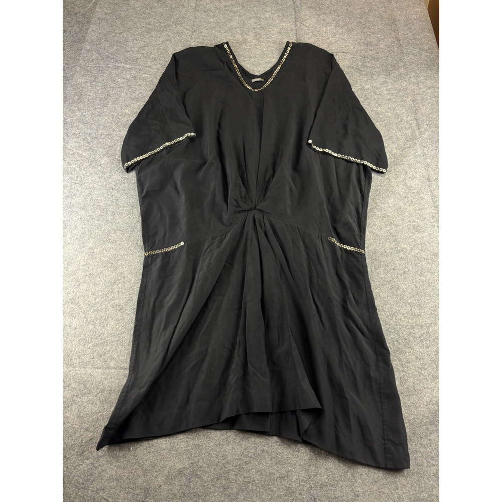 Matta Black Cotton Silk Sequin Trim Kaftan Dress V-Neck Large Boho Resort Wear